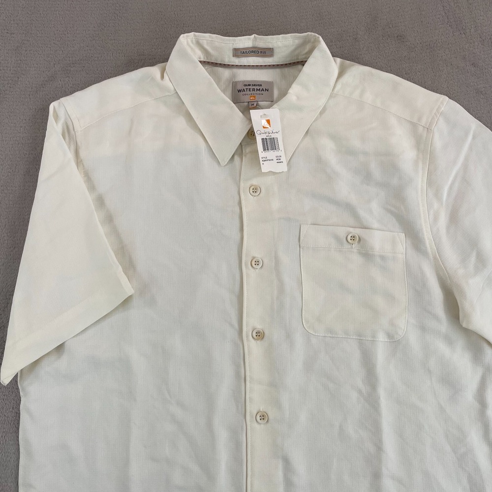 Quiksilver Waterman Shirt Men Medium Ivory Tailored Fit Beach Short Sleeve NWT